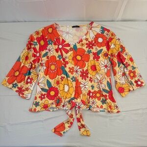 Bon Apple Tea Womens 2X Retro Floral Bell Sleeve Tie Front V-Neck Blouse Orange